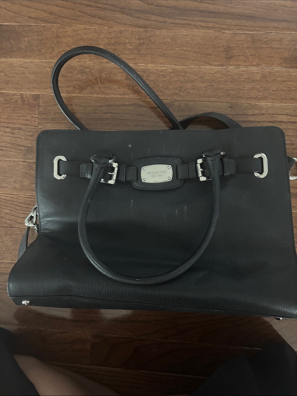 Michael Kors Black Leather Satchel with Silver-Tone Plaque